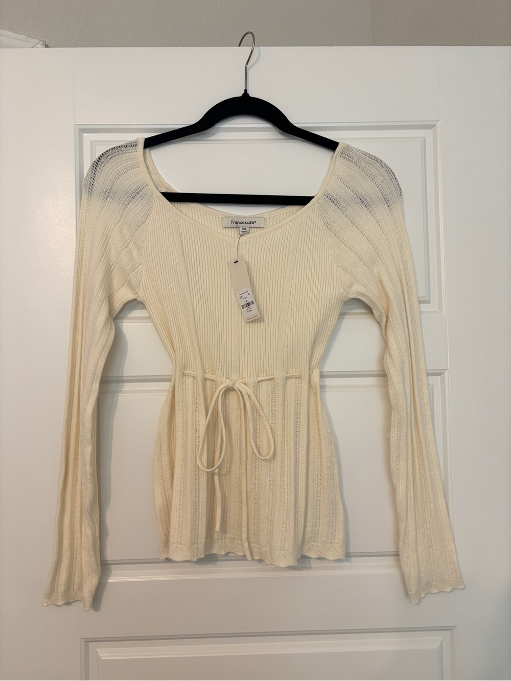Francesca's Collections Cream Ribbed Tie-Waist Long Sleeve Top